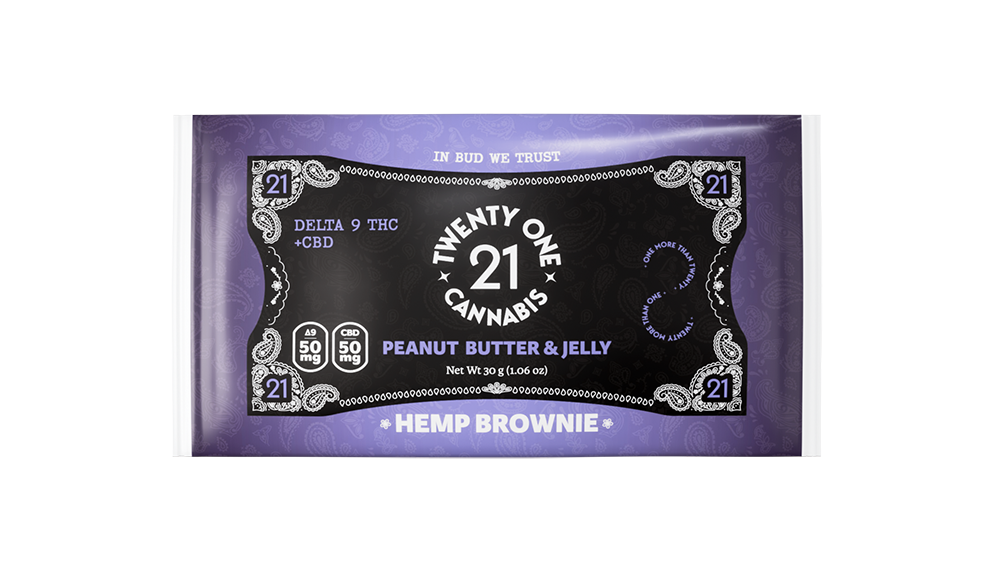 Twenty One Edibles Infused Brownies 100mg D9 + CBD Peanut Butter & Jelly