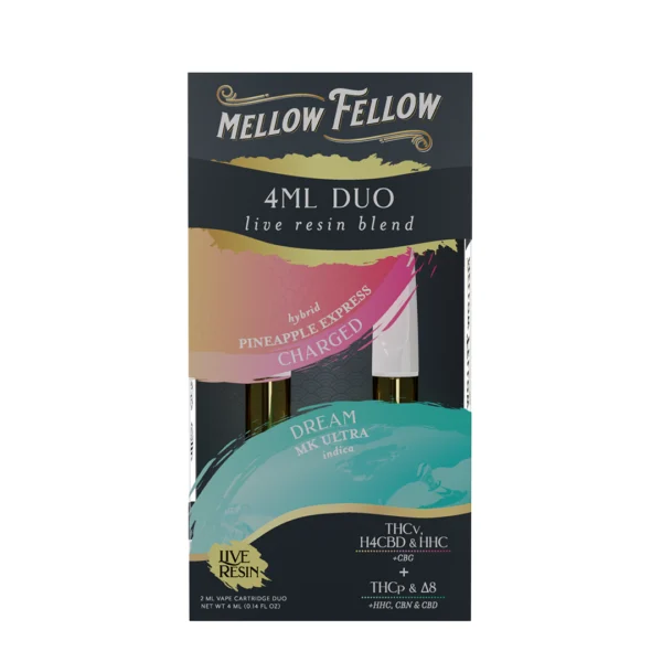 Mellow Fellow Live Resin Duos Vape Cartridge 4ml Motivation / Recovery Blend Tres Leches (hybrid) / Bubba Kush (indica)