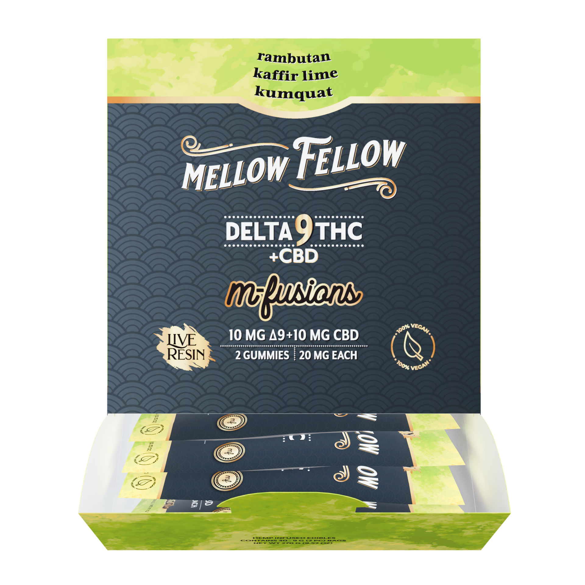 Mellow Fellow Live Resin M-Fusions 2pc Edibles 40mg D9 Rambutan, Kaffir Lime, Kumquat