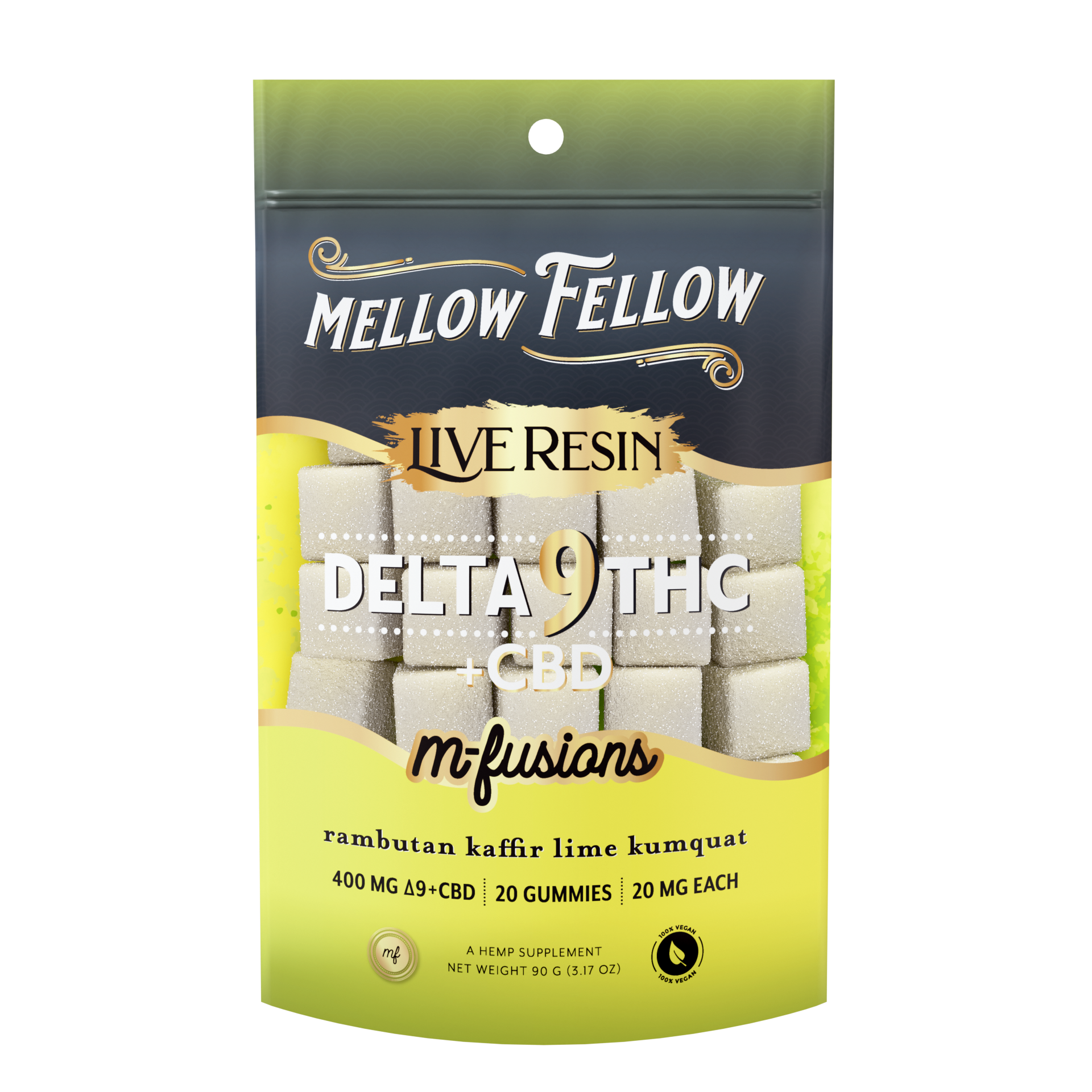 Mellow Fellow Live Resin M-Fusions 20pc Edibles 400mg D9 Rambutan Kaffir Lime Kumquat