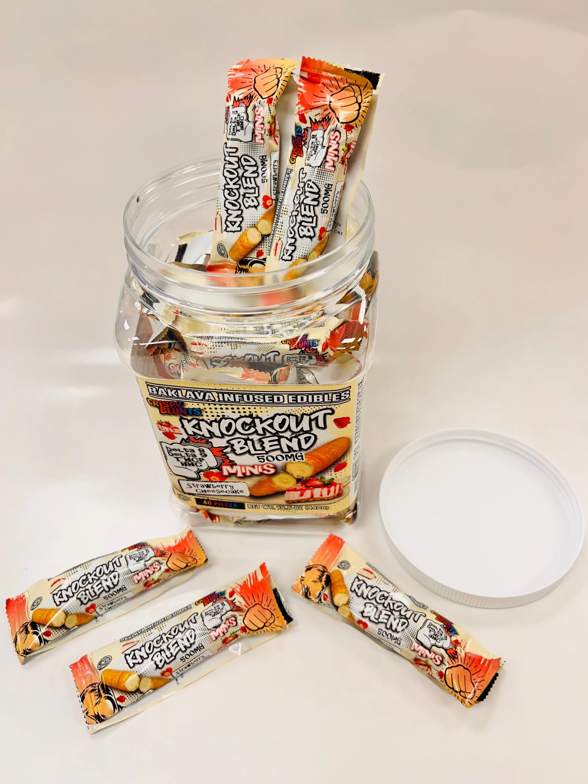 Crispy Blunts Mini 1pc Edibles 500mg Knockout Blend Strawberry Cheesecake 40ct