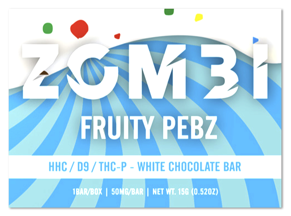 Zombi Edibles Mini Chocolate Bar 50mg HHC + D9 + THCp Fruity Pebz 30ct