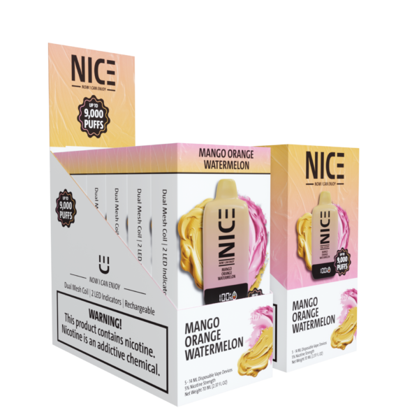 NICE Nicotine Vape Disposable 9000p Mango Orange Watermelon 5ct