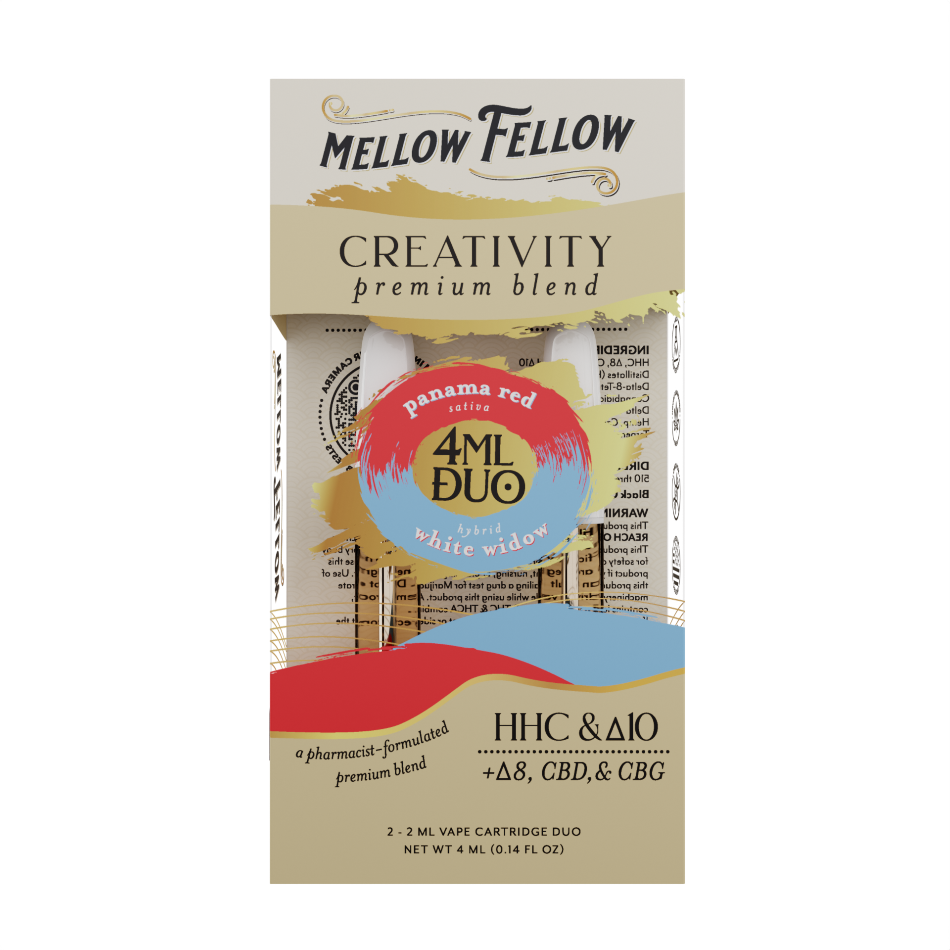 Mellow Fellow Premium Duos Vape Cartridge 4ml Creativity Blend Panama Red (sativa)/White Widow (hybrid)