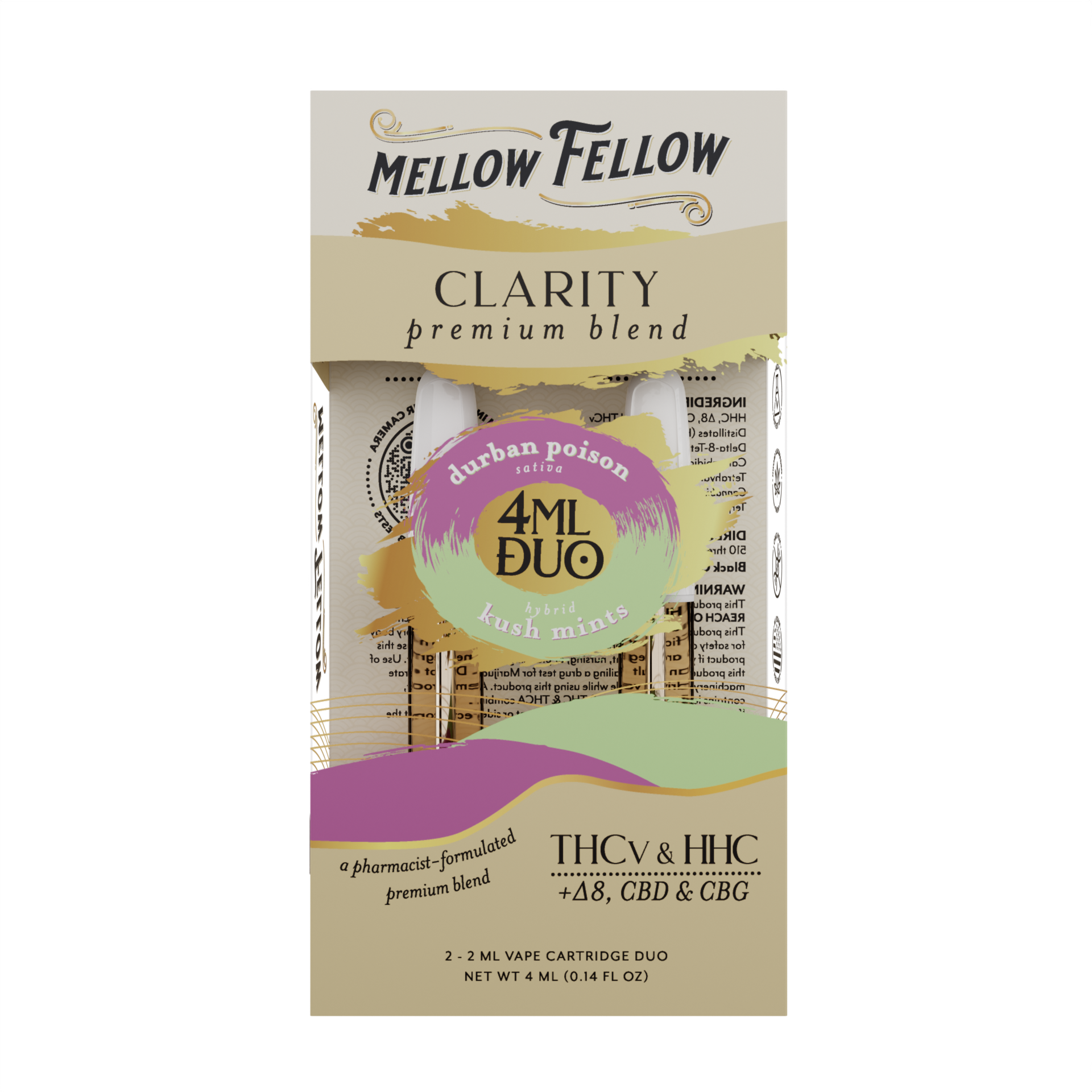 Mellow Fellow Premium Duos Vape Cartridge 4ml Clarity Blend Durban Poison (sativa) /Kush Mints (hybrid)