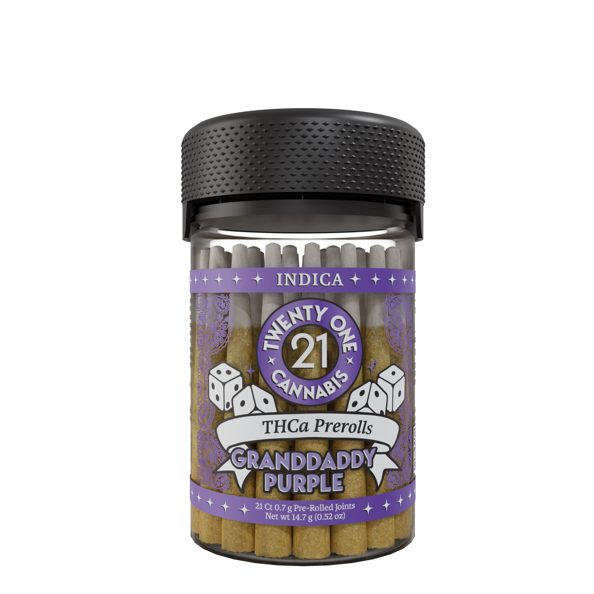 Twenty One Cannabis 21ct Jar Prerolls .7g THCA Grandaddy Purp