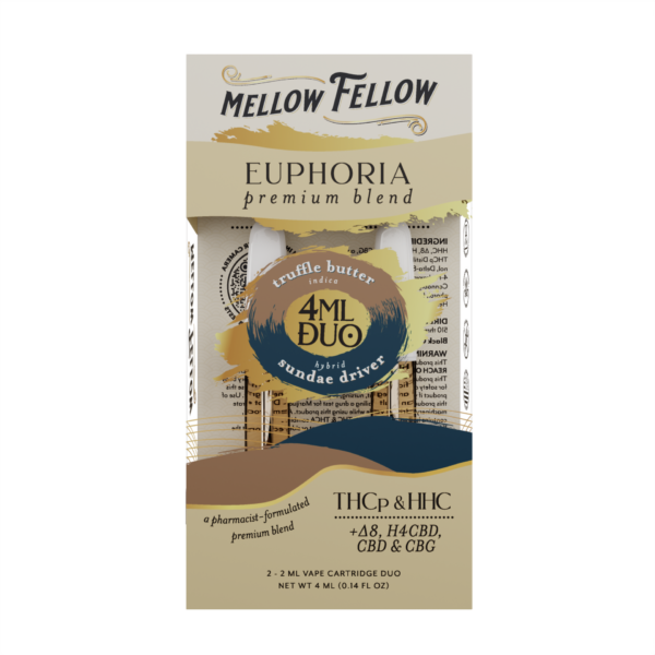 Mellow Fellow Premium Duos Vape Cartridge 4ml Euphoria Blend Truffle Butter (indica) /Sundae Driver (hybrid)