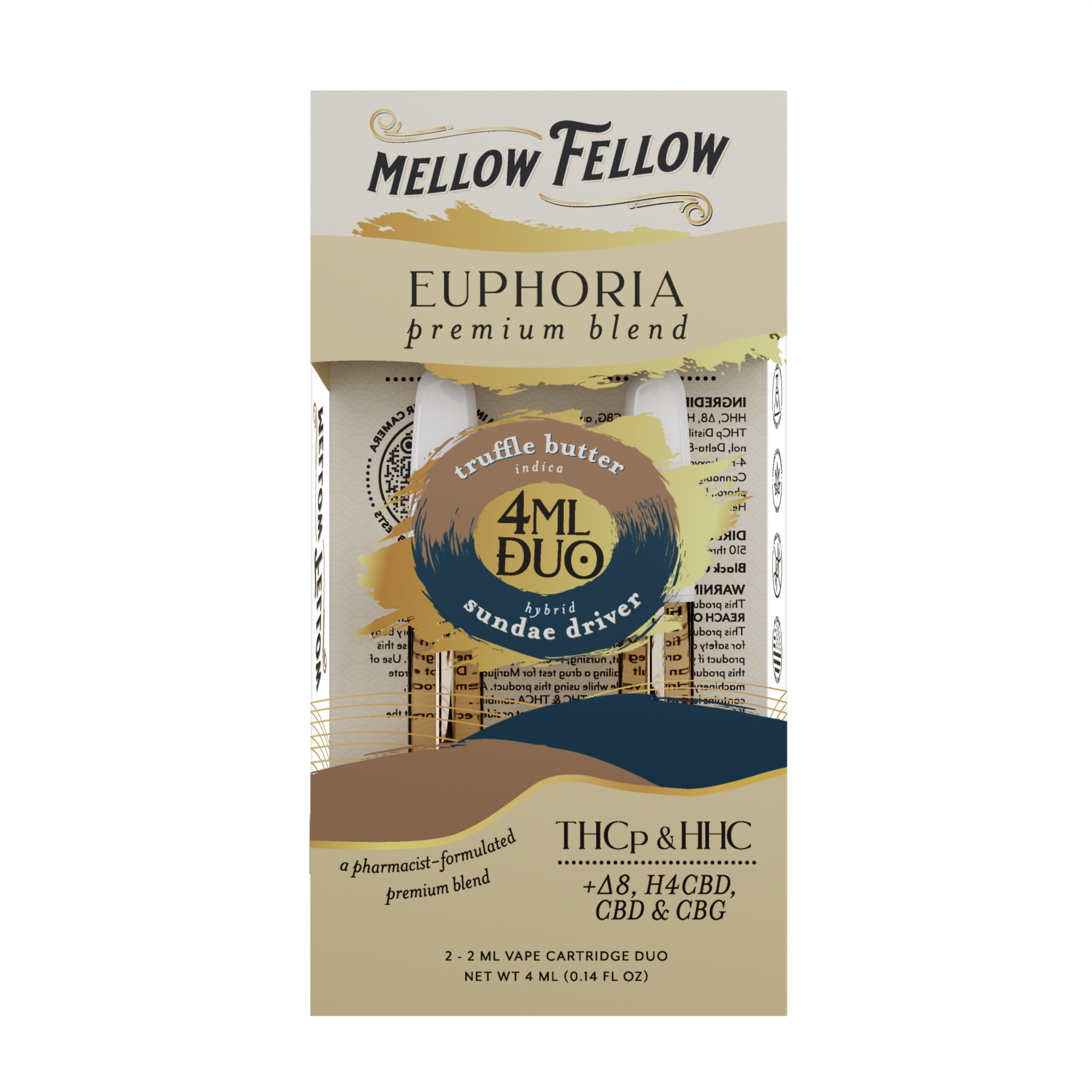 Mellow Fellow Premium Duos Vape Cartridge 4ml Euphoria Blend Truffle Butter (indica) /Sundae Driver (hybrid)