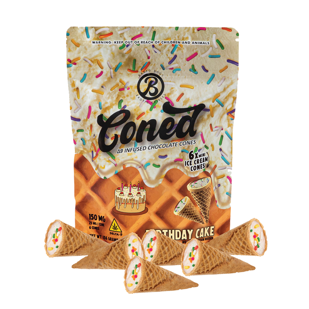 Baked Bags Cones 6pc Edibles 150mg D9 Birthday Cake 6ct