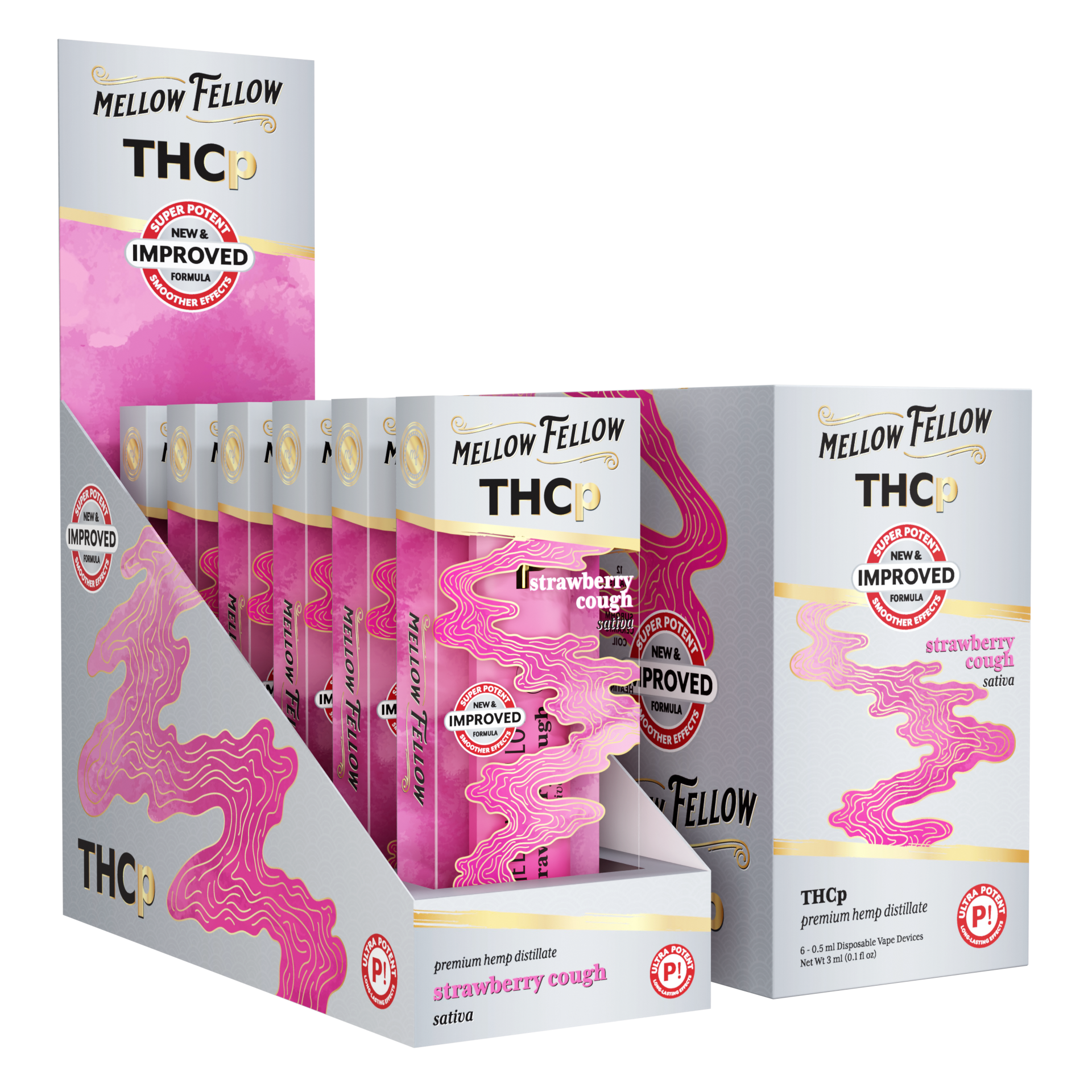 Mellow Fellow Premium Disposable Vapes 0.5ml THCP Strawberry Cough (Sativa) 6ct