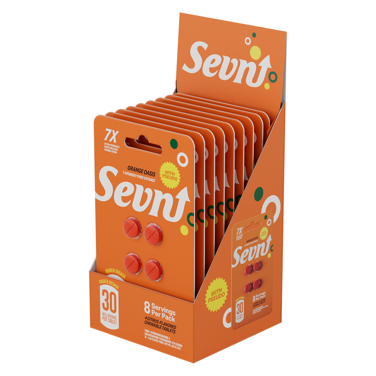 Sevn 7 OH 4pc Tablets 120mg 7-Hydroxymitragynine & Pseudoindoxyl Orange Oasis (Citrus-Flavored) 10 CT