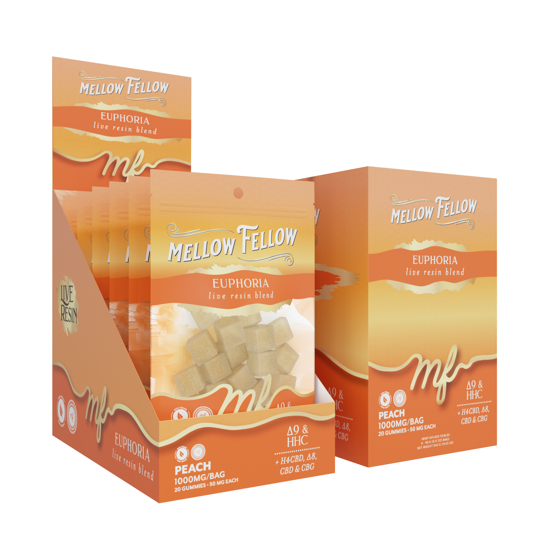 Mellow Fellow Live Resin M-Fusions 20pc Edibles 1000mg Euphoria Blend Peach
