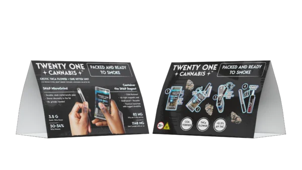 Twenty One Cannabis Marketing Material Table Tent 7″x5″ Private Reserve Flower + One-Hitter 3.5g THCa