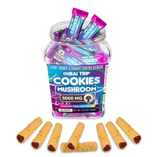 Dubai Trip Cookies Crispy & Creamy Knafeh 1pc Edibles 5000mg Mushrooms Hazelnut Milk Chocolate 40ct