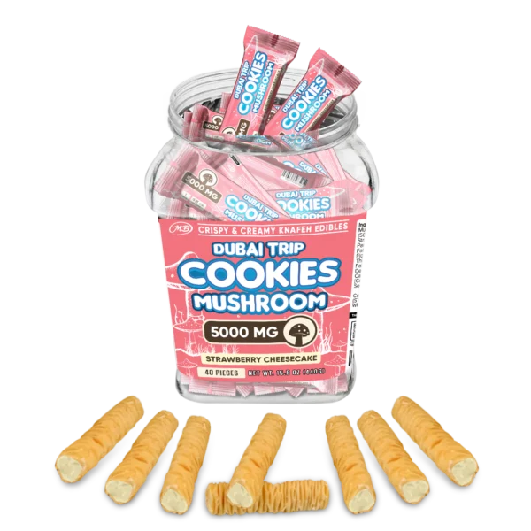 Dubai Trip Cookies Crispy & Creamy Knafeh 1pc Edibles 5000mg Mushrooms Strawberry Cheesecake 40ct