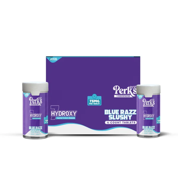 Eat Perks Limited Edition 4pcs Tablets 300mg 7-Hydroxymitragynine (Superior Kratom Alkaloids) Blue Razz Slushy 12ct