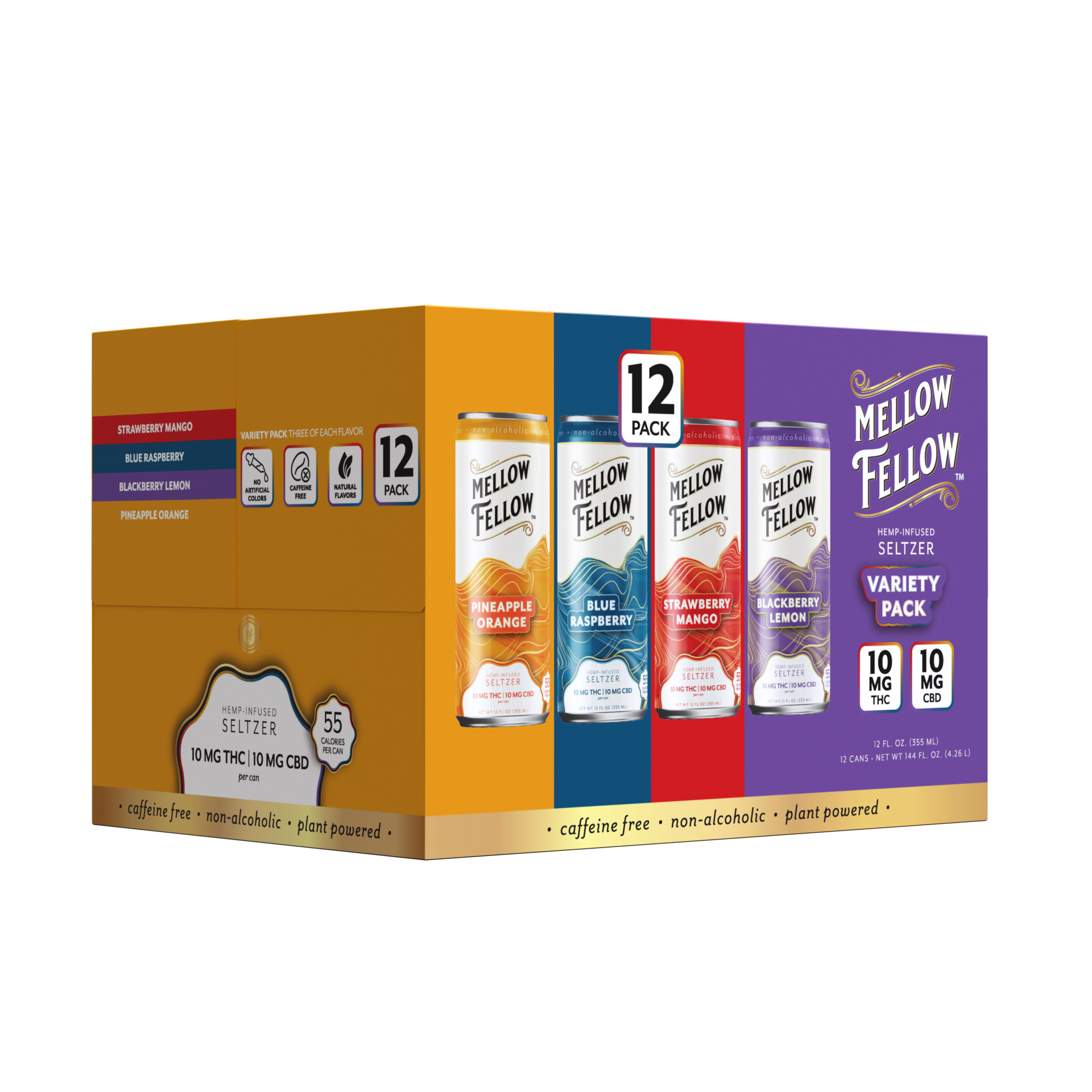 Mellow Fellow Seltzer Beverages 20mg Delta-9 + CBD Variety Pack 12ct